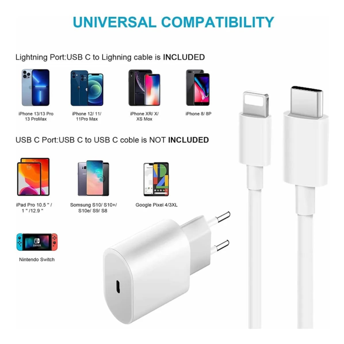 Cable cargador + fuente compatible con iPhone USB-C PD 20W