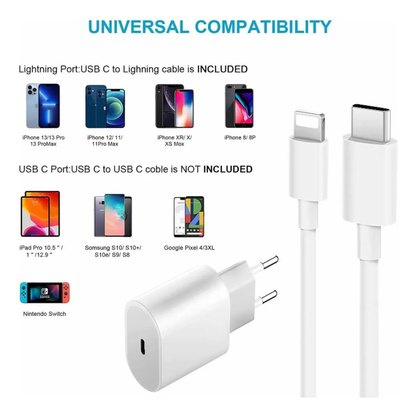 Cable cargador + fuente compatible con iPhone USB-C PD 20W